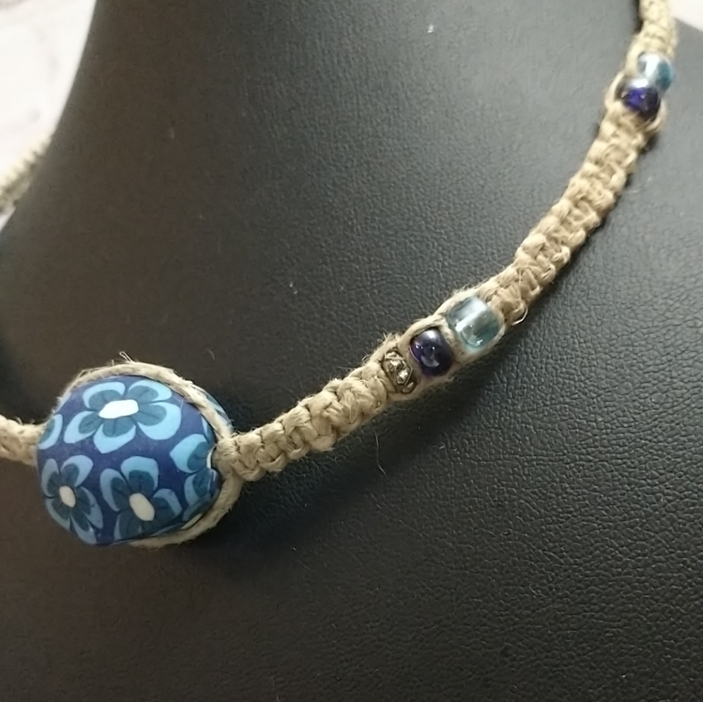 Handmade Hippie Boho Hemp Choker Necklace Blue Flower Milefiori Fimo Clay Bead - Picture 3 of 6